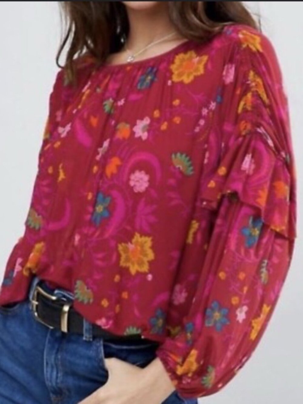 Free People Floral Mesh Rufle Balloon Sleeve Top Boho Maroon Blouse Festival L